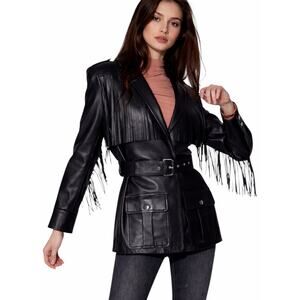 Walter Baker Linda Fringe Belted Lamb Leather Jacket Black Size S